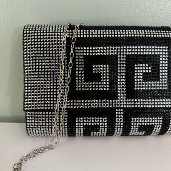 Greek Clutch Bag Rhinestone Embellished Black Silver Chain Purse Evening Party - Picture 4 of 12